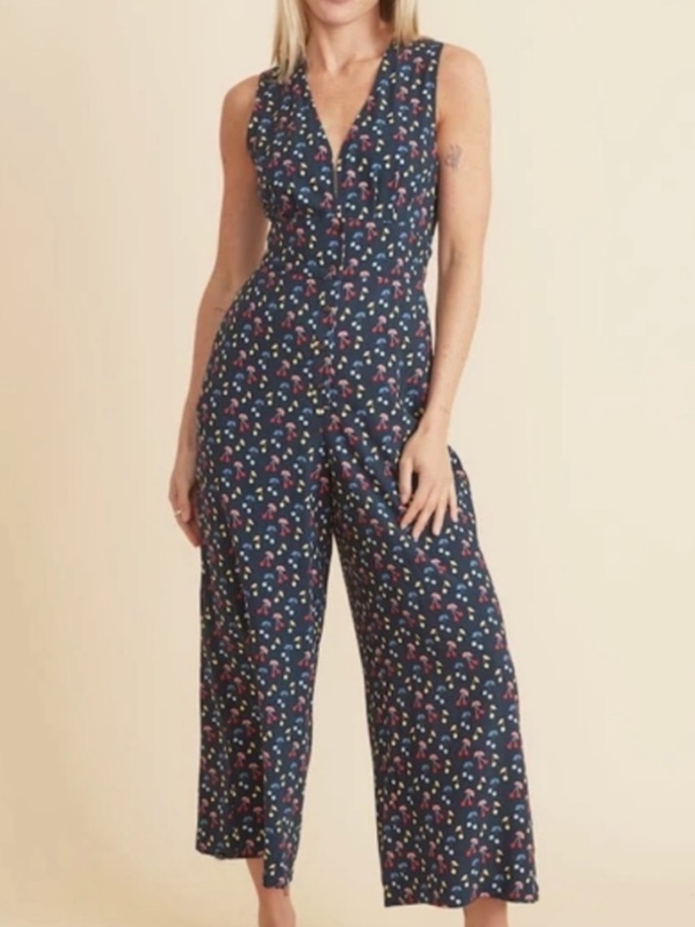 Marine Layer navy blue holli jumpsuit cherry print XS romper pants summer light